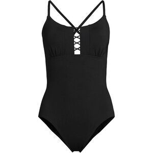 Land's End Plus Size lace up one piece swimsuit bathing suit, tie back black 24W